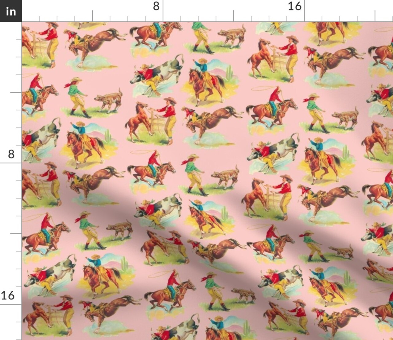 Vintage Inspired Western Rodeo Americana Pink Roping Bronco Custom Printed Fabric by Spoonflower Various Fabrics by the Yard or Fat Quarter